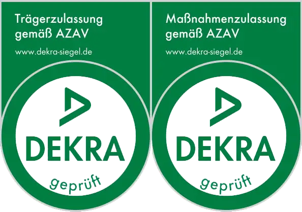 Signets der DEKRA für die Trägerzulassung und Maßnahmenzulassung als geprüfter AZAV Bildungsträger